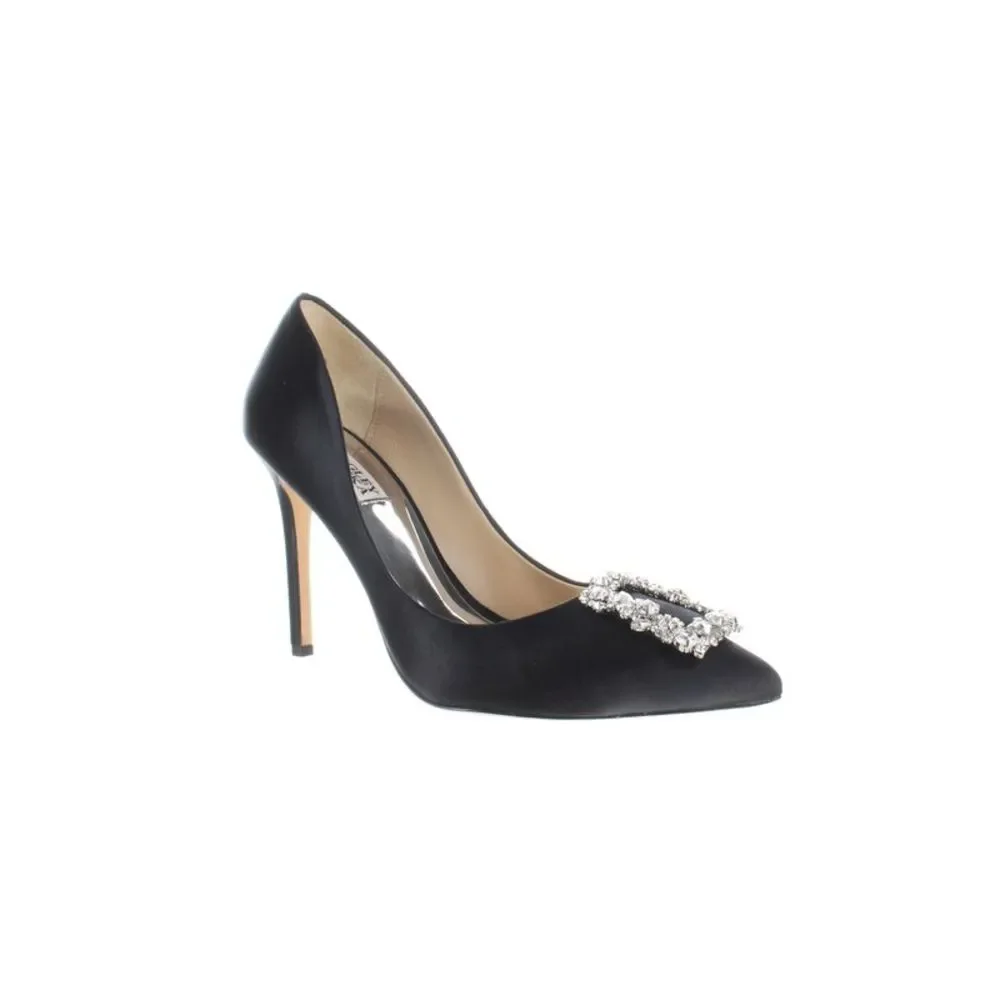 Badgley Mischka Black Satin Pointed-Toe Crystal Embellished Pumps